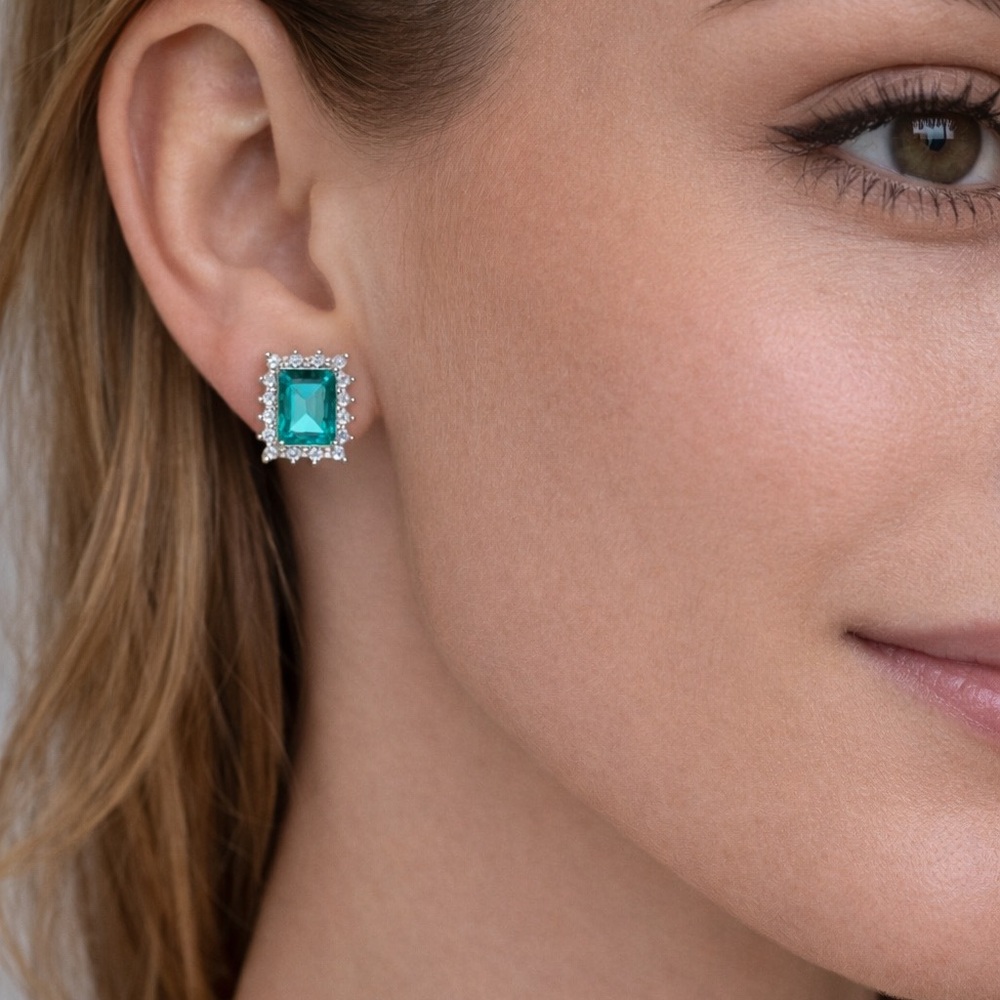 Turmaline Halo Stud Earrings | Rhodium Plated